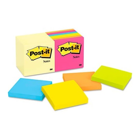 3M Post-it Notes Note Pad Assortment 65414YWM, 3" x 3", Assorted, 100 Sheets, 14/Pack 65414YWM